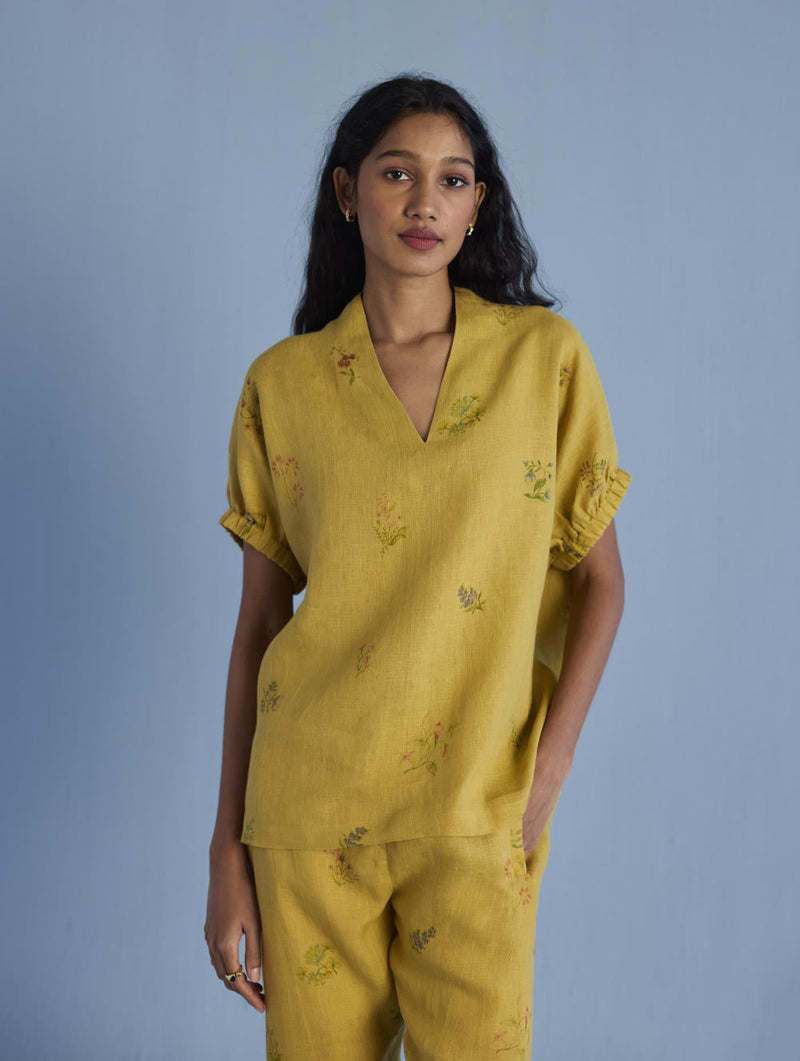 Mihen Elasticated Sleeve Co-ord Set - Ochre linen by Manan for women Worldwide
