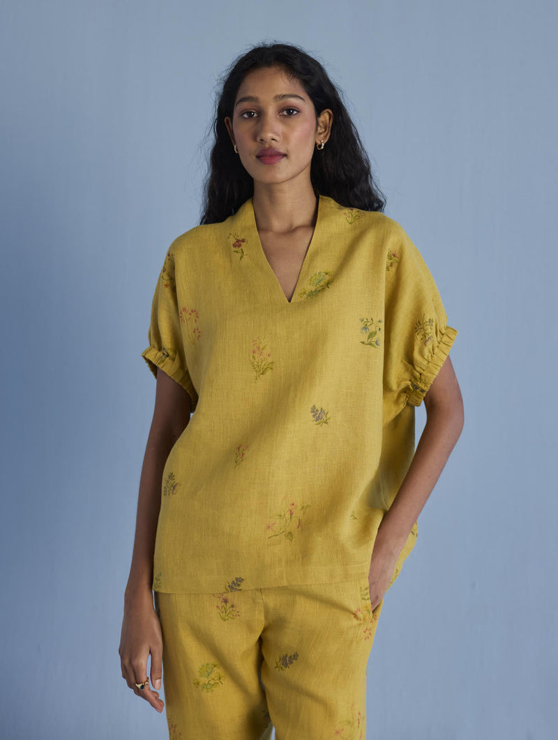 Mihen Elasticated Sleeve Co-ord Set - Ochre linen by Manan for women Worldwide