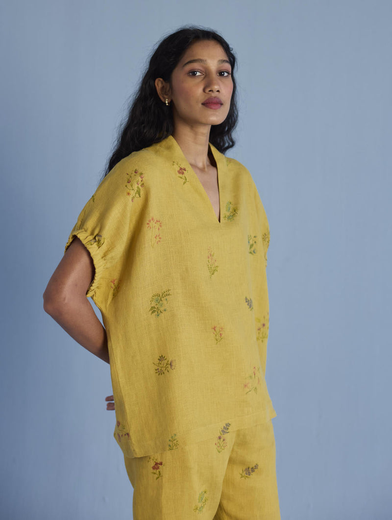 Mihen Elasticated Sleeve Co-ord Set - Ochre linen by Manan for women Worldwide