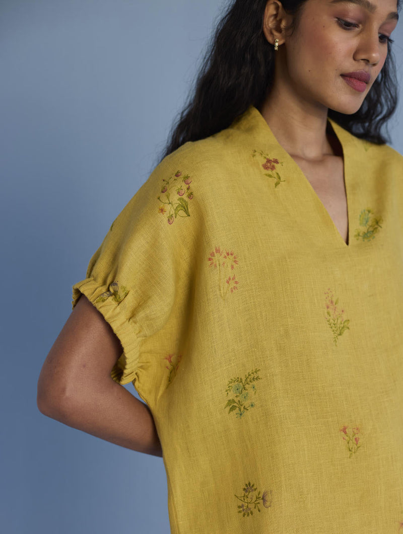 Mihen Elasticated Sleeve Co-ord Set - Ochre linen by Manan for women Worldwide