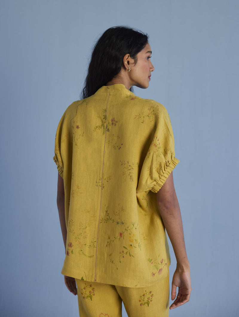 Mihen Elasticated Sleeve Linen Top - Ochre linen by Manan for women Worldwide