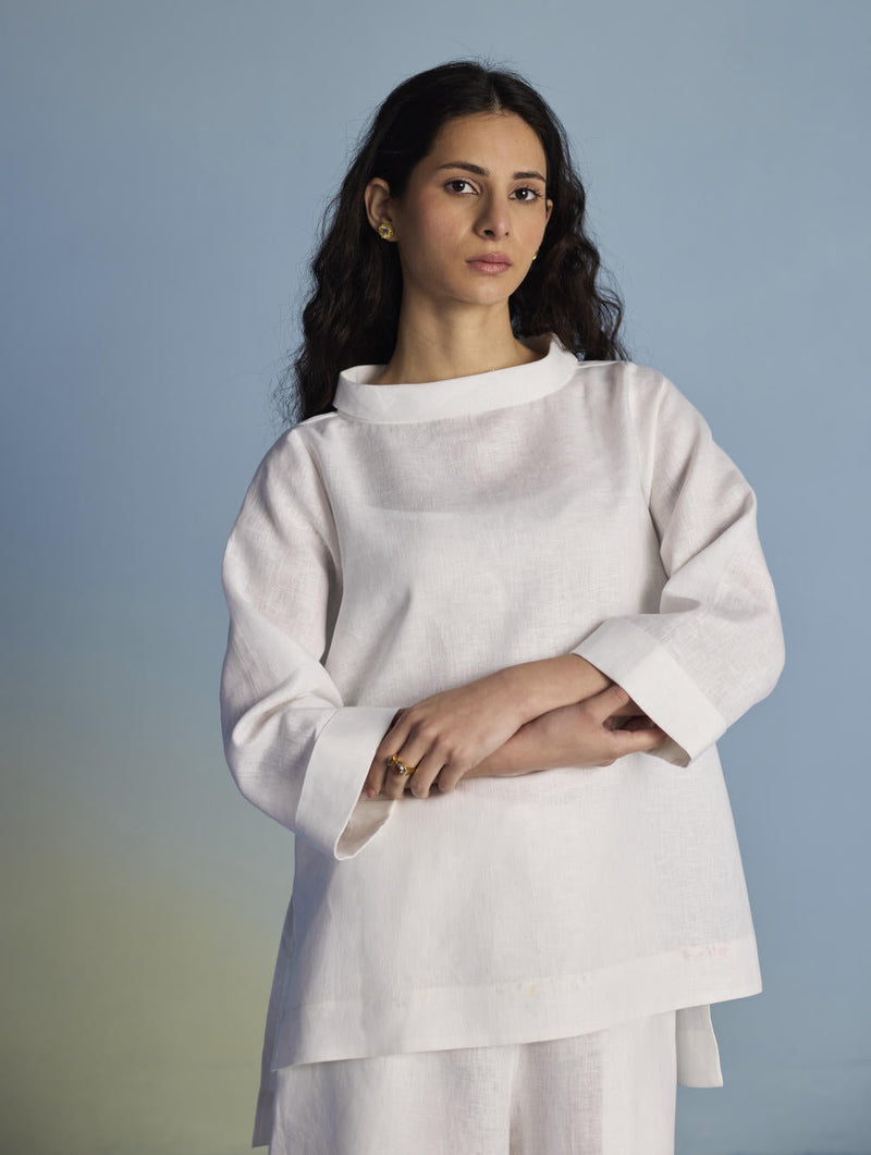 Ishi Boat-Neck Linen Co-ord Set - White linen by Manan in white color for women Worldwide
