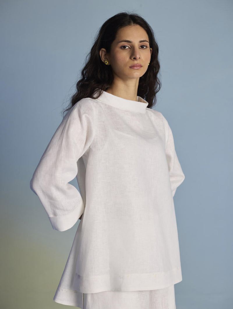 Ishi Boat-Neck Linen Co-ord Set - White linen by Manan in white color for women Worldwide