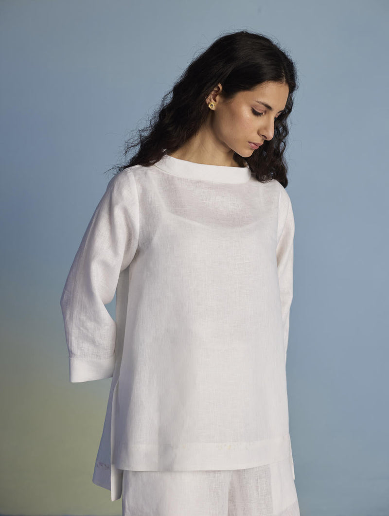 Ishi Boat-Neck Linen Co-ord Set - White linen by Manan in white color for women Worldwide