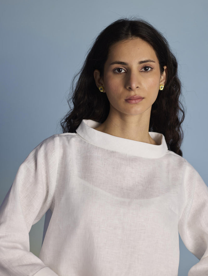 Ishi Boat-Neck Linen Co-ord Set - White linen by Manan in white color for women Worldwide
