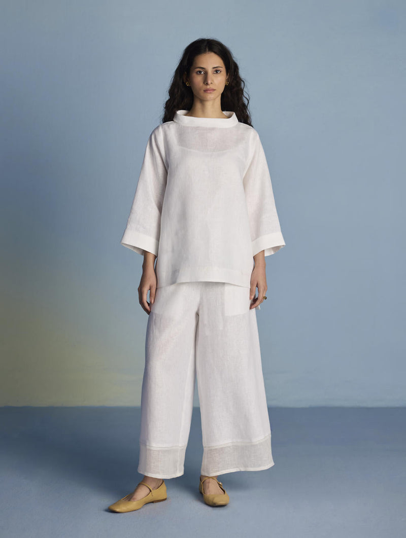 Ishi Boat-Neck Linen Top - White linen by Manan in white color for women Worldwide