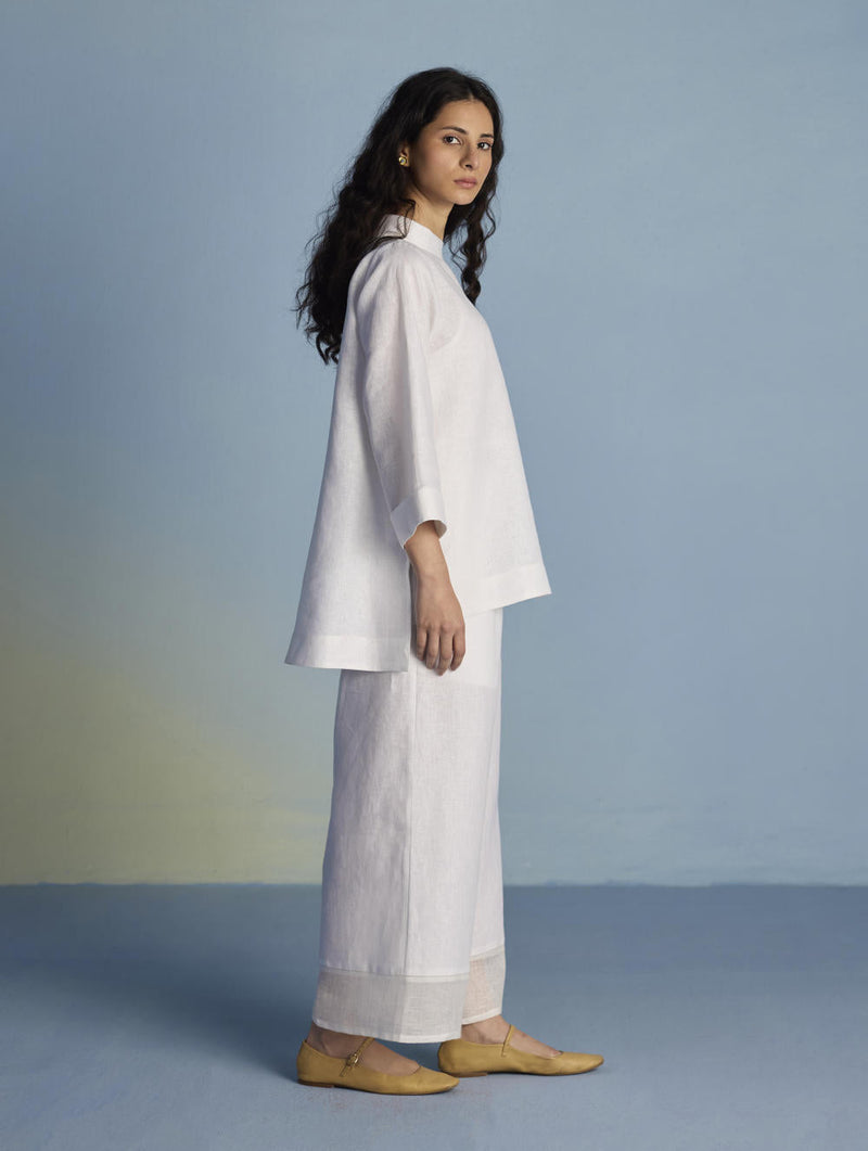 Ishi Boat-Neck Linen Co-ord Set - White linen by Manan in white color for women Worldwide