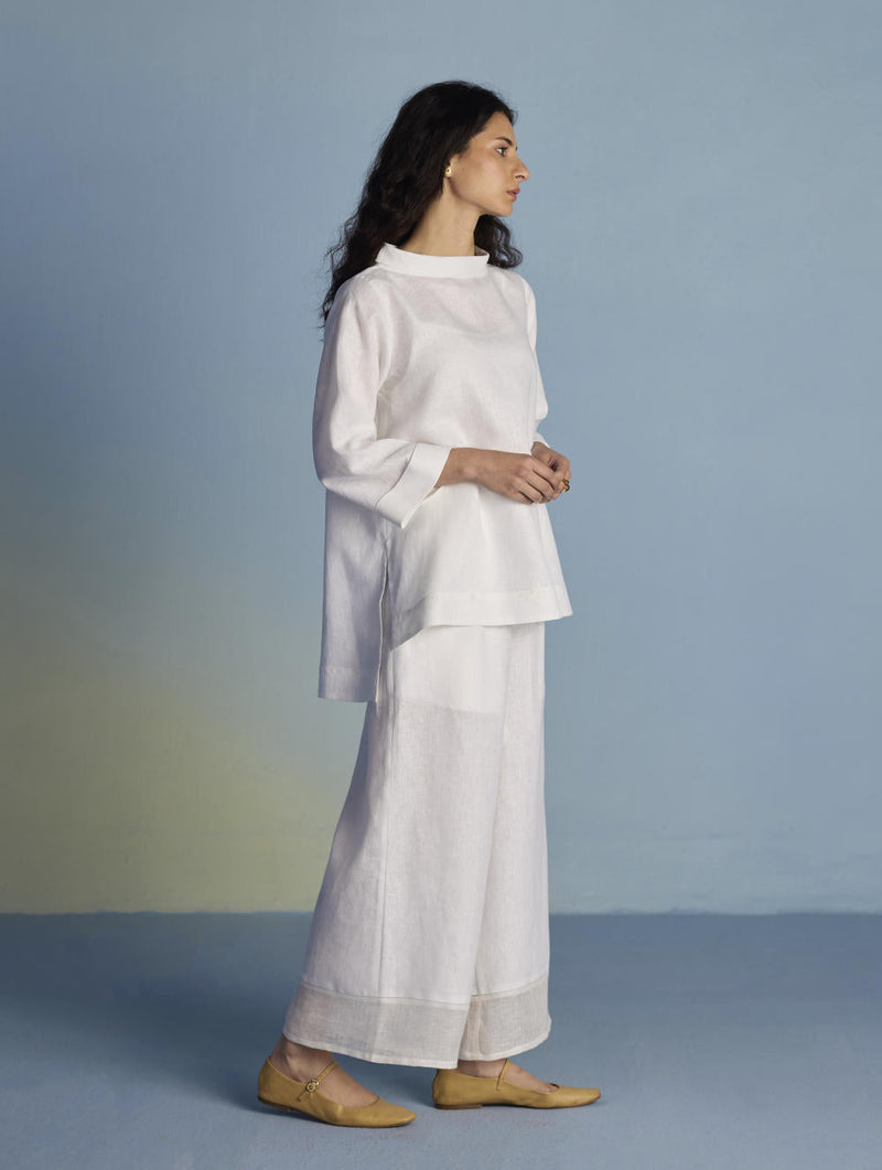 Ishi Boat-Neck Linen Co-ord Set - White linen by Manan in white color for women Worldwide