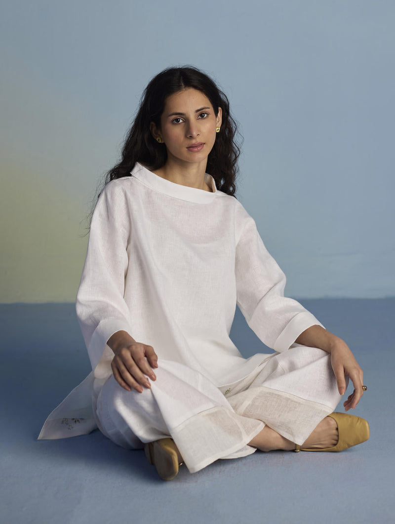 Ishi Boat-Neck Linen Co-ord Set - White linen by Manan in white color for women Worldwide