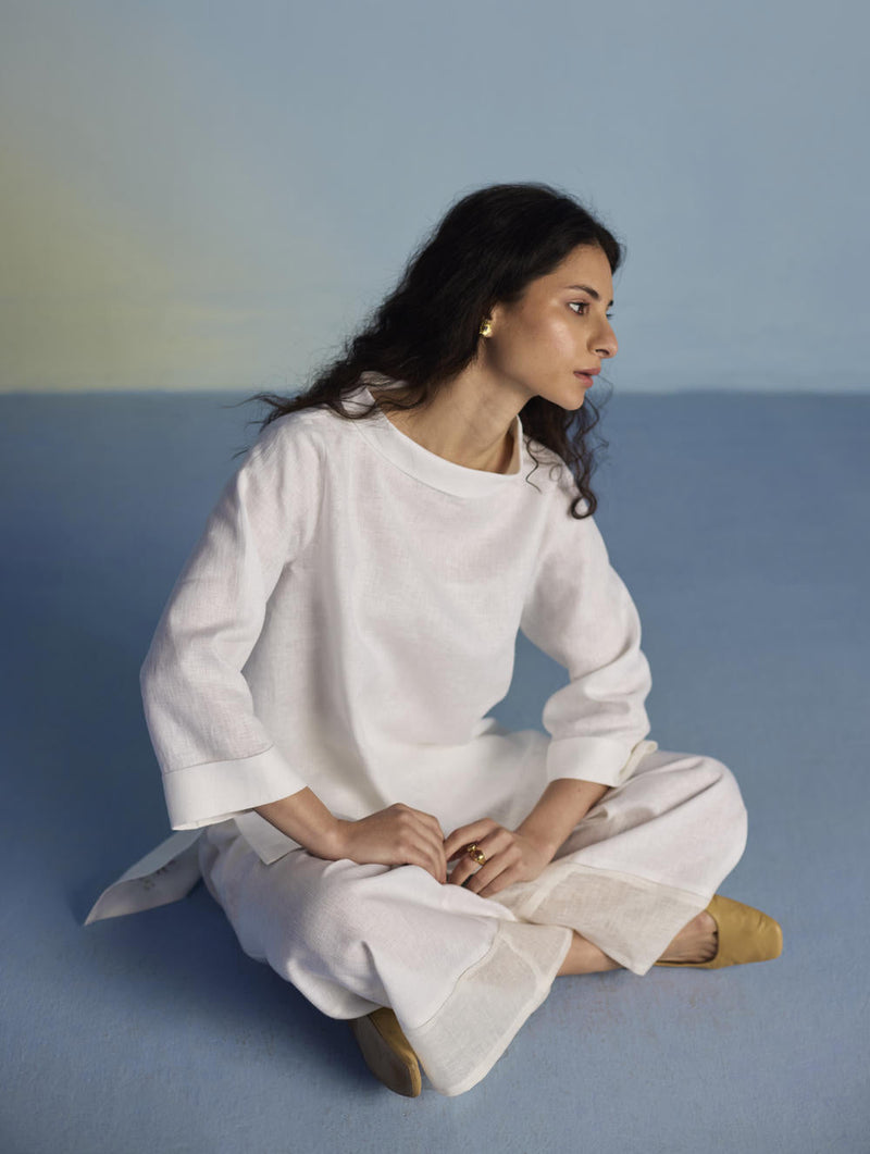 Ishi Boat-Neck Linen Co-ord Set - White linen by Manan in white color for women Worldwide
