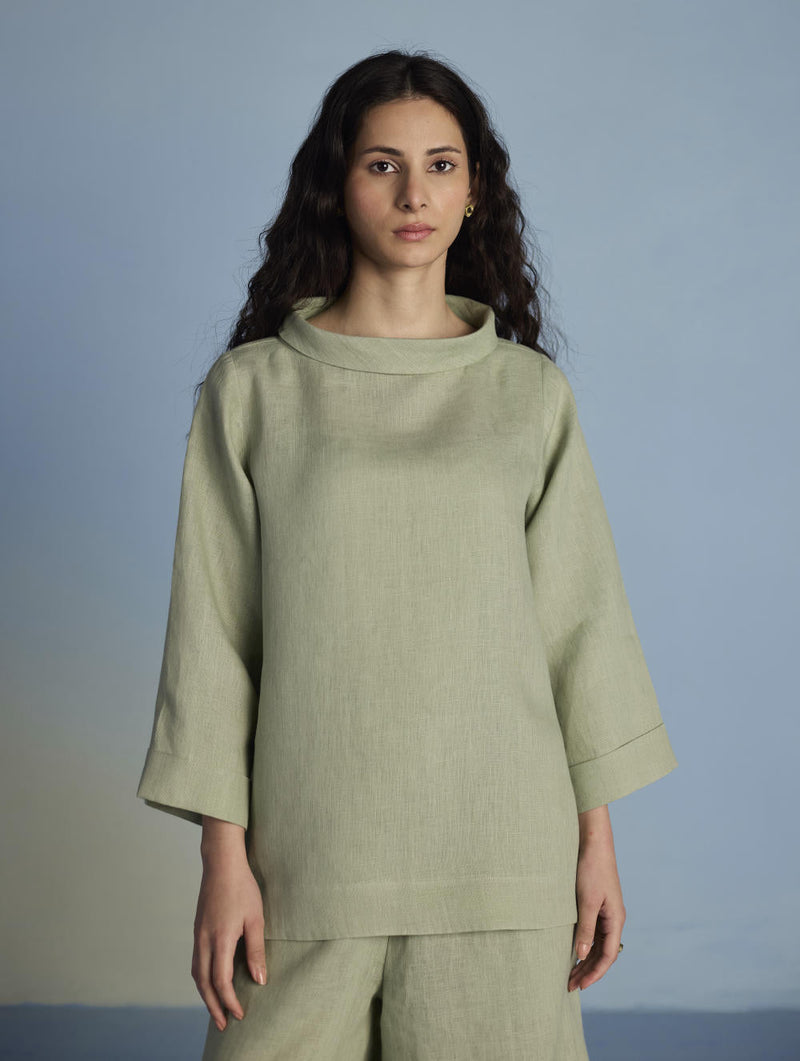 Ishi Boat-Neck Linen Co-ord Set - Mint linen by Manan in mint color for women Worldwide