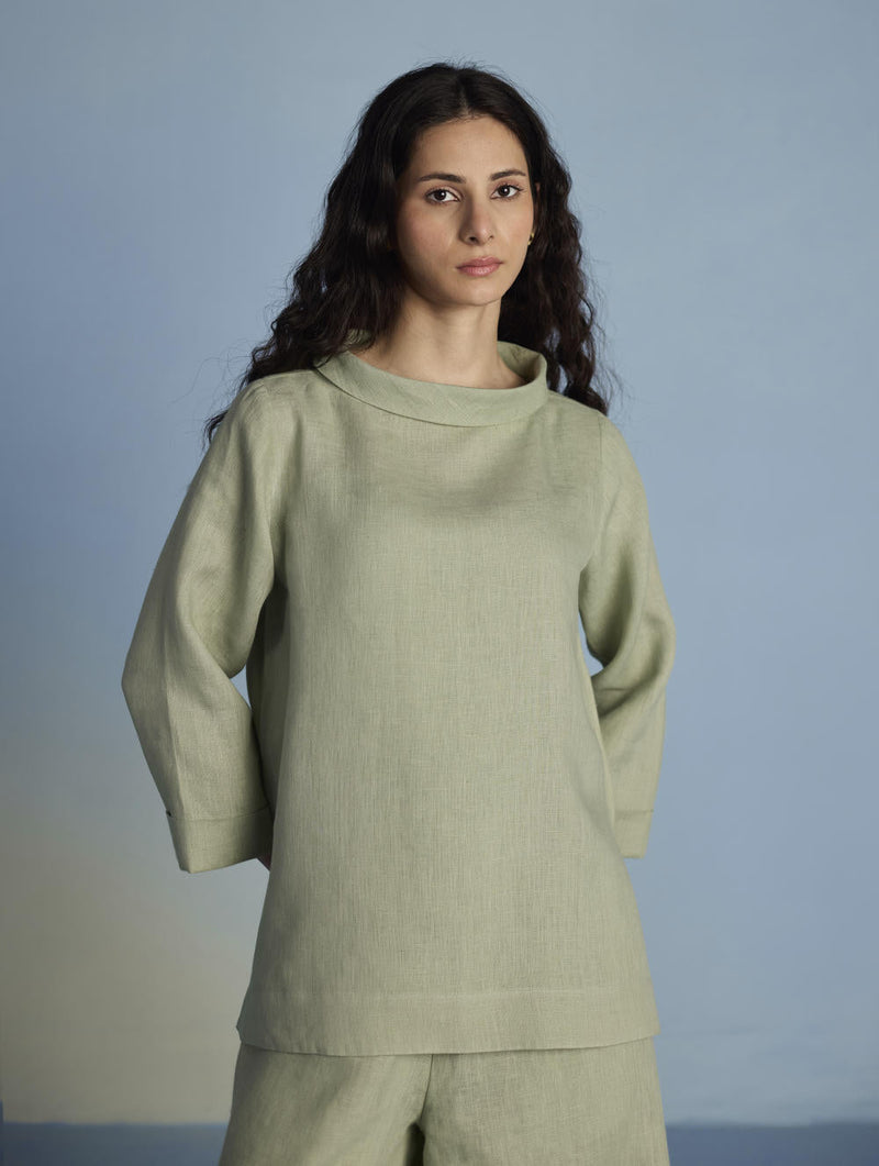 Ishi Boat-Neck Linen Co-ord Set - Mint linen by Manan in mint color for women Worldwide