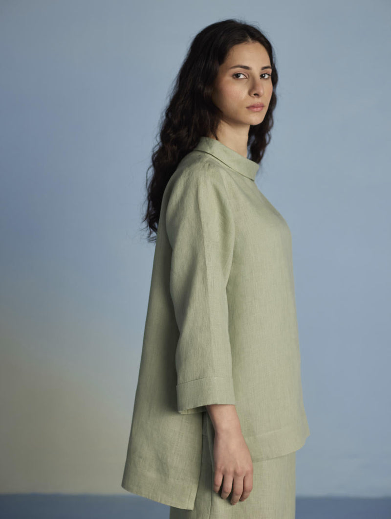 Ishi Boat-Neck Linen Co-ord Set - Mint linen by Manan in mint color for women Worldwide