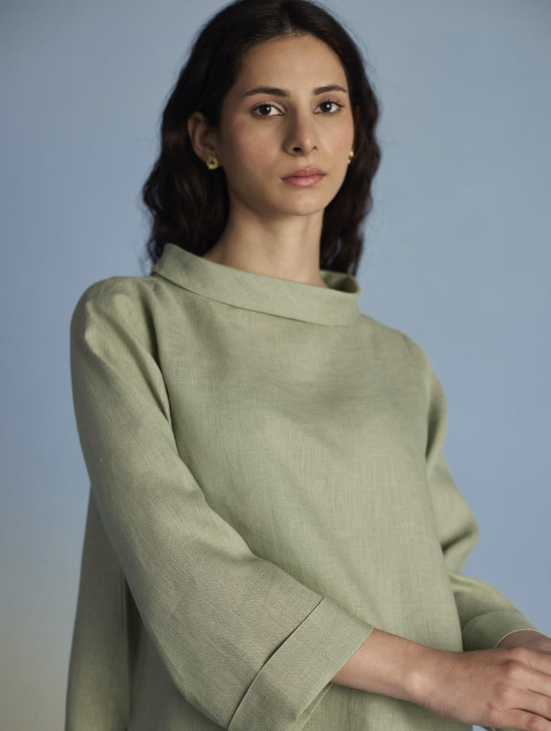 Ishi Boat-Neck Linen Top - Mint linen by Manan in mint color for women Worldwide