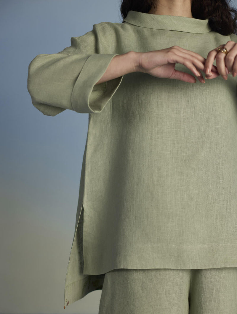 Ishi Boat-Neck Linen Co-ord Set - Mint linen by Manan in mint color for women Worldwide
