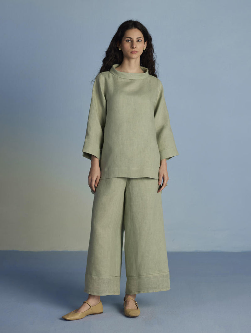 Ishi Boat-Neck Linen Top - Mint linen by Manan in mint color for women Worldwide