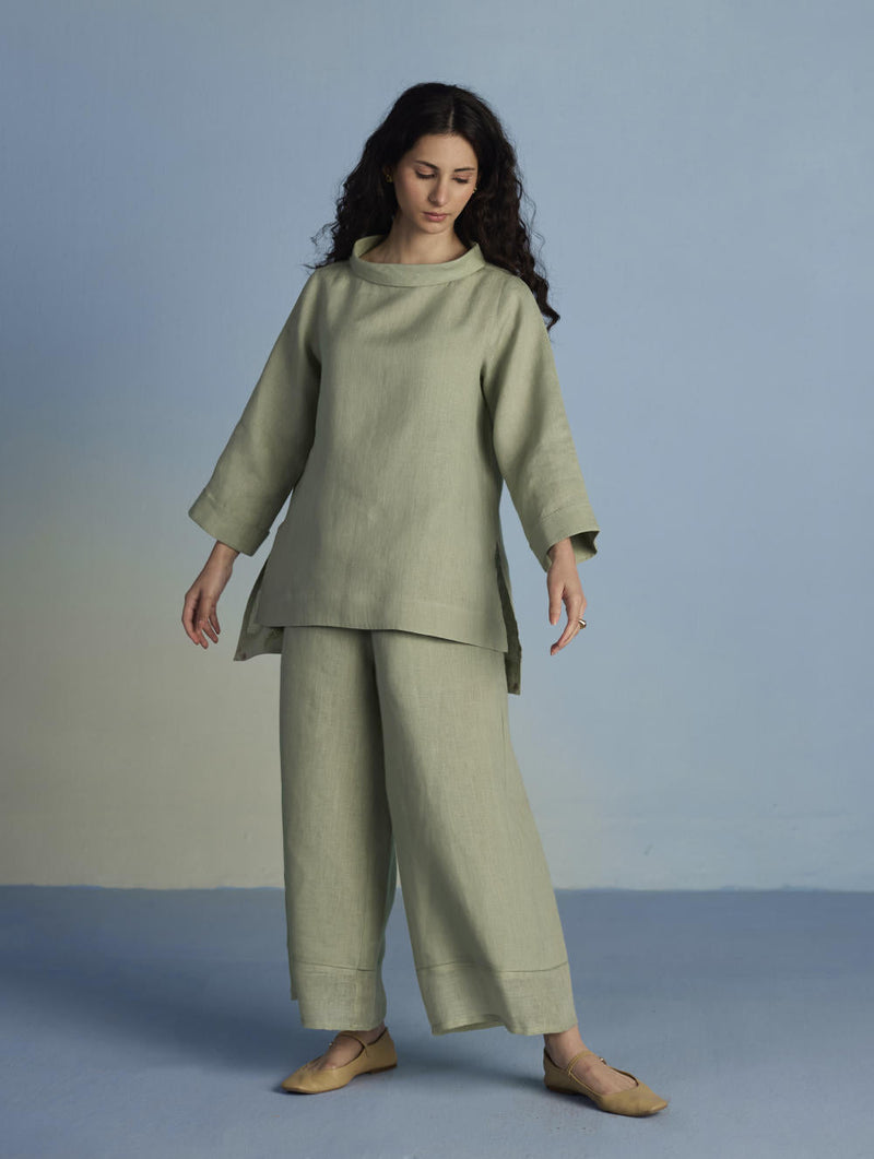 Ishi Boat-Neck Linen Co-ord Set - Mint linen by Manan in mint color for women Worldwide