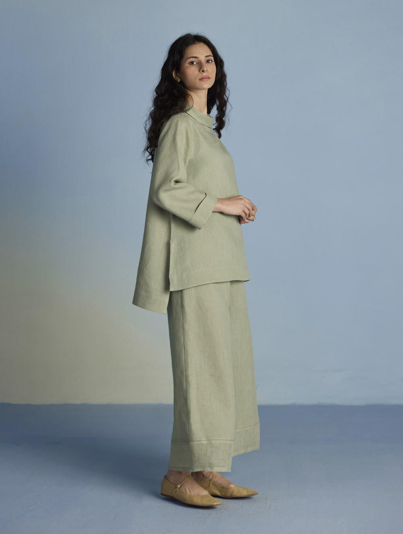Ishi Boat-Neck Linen Top - Mint linen by Manan in mint color for women Worldwide