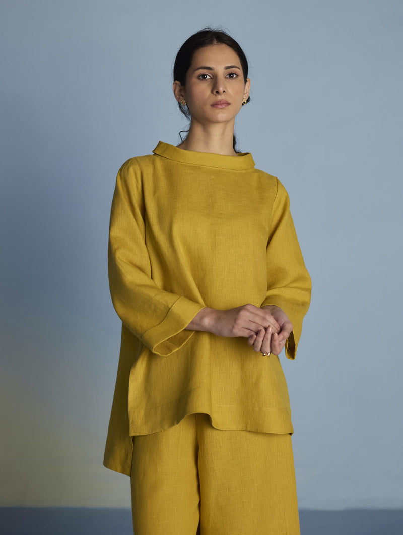 Ishi Boat-Neck Linen Top - Ochre linen by Manan for women Worldwide