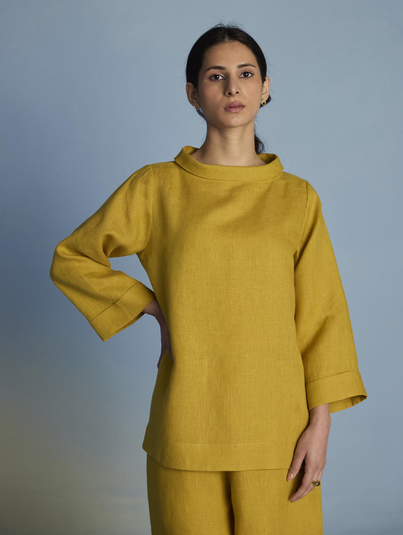 Ishi Boat-Neck Linen Co-ord Set - Ochre linen by Manan for women Worldwide