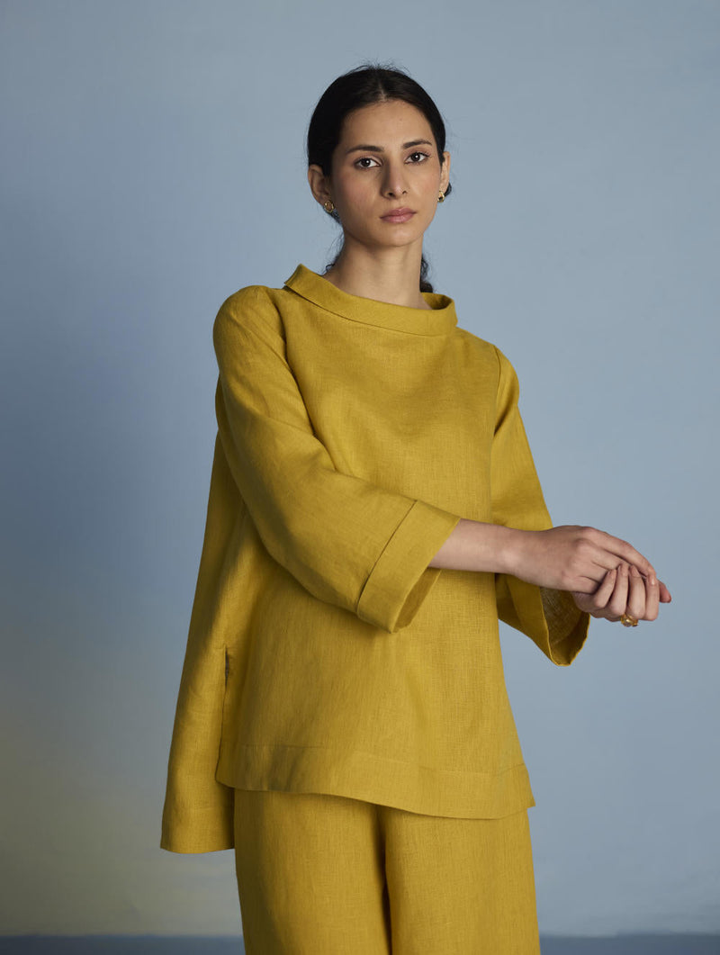 Ishi Boat-Neck Linen Co-ord Set - Ochre linen by Manan for women Worldwide
