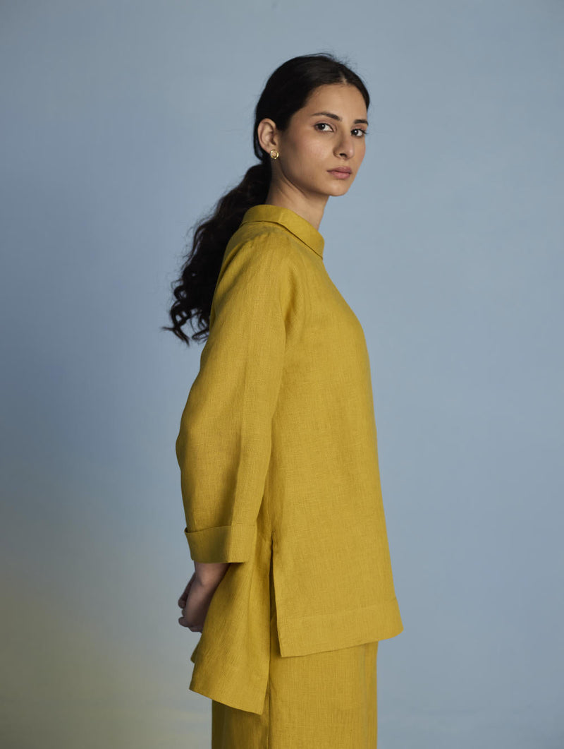 Ishi Boat-Neck Linen Top - Ochre linen by Manan for women Worldwide