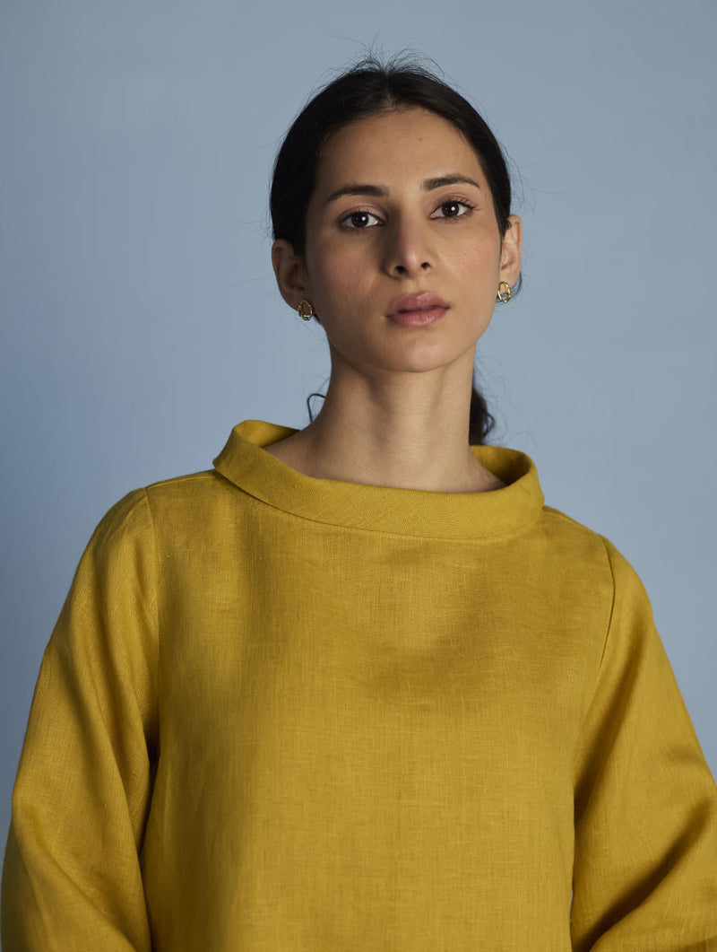 Ishi Boat-Neck Linen Top - Ochre linen by Manan for women Worldwide
