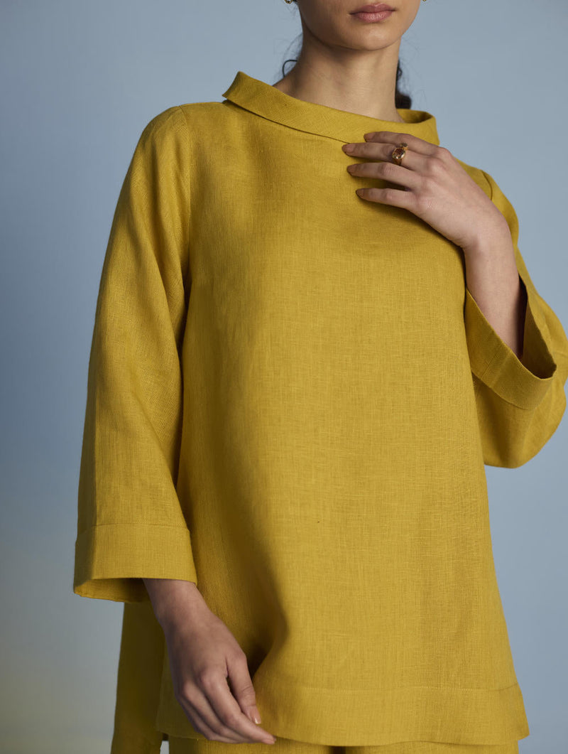 Ishi Boat-Neck Linen Co-ord Set - Ochre linen by Manan for women Worldwide
