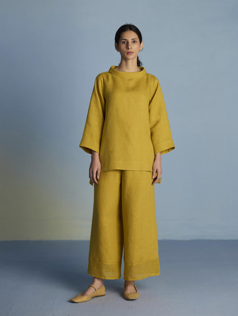 Ishi Boat-Neck Linen Co-ord Set - Ochre linen by Manan for women Worldwide