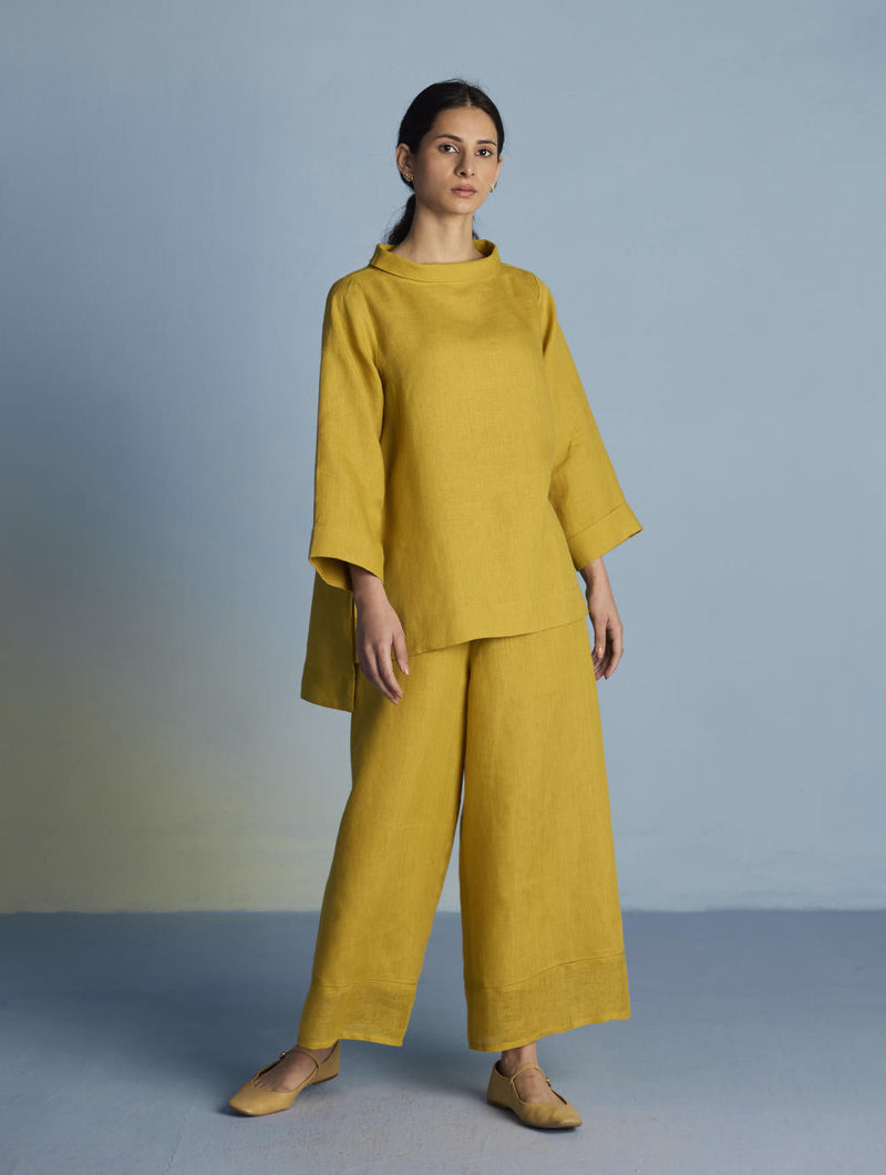 Ishi Boat-Neck Linen Top - Ochre linen by Manan for women Worldwide