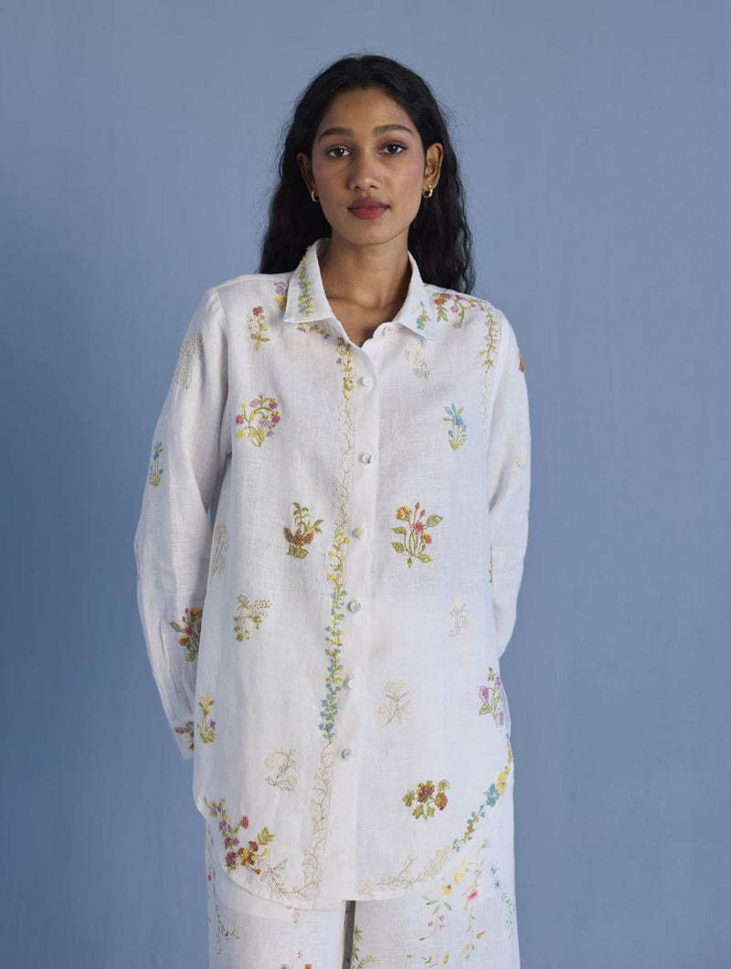 Alila Embroidered Oversized Co-ord Set - White linen by Manan in white color for women Worldwide