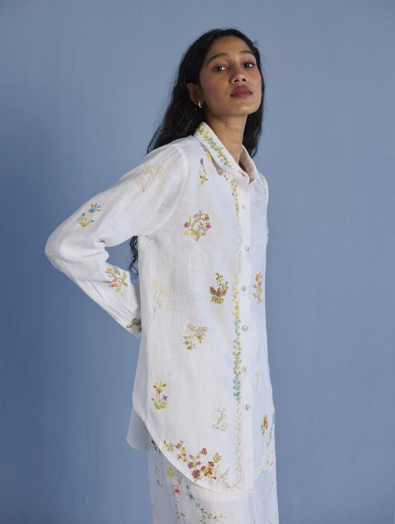 Alila Embroidered Oversized Co-ord Set - White linen by Manan in white color for women Worldwide