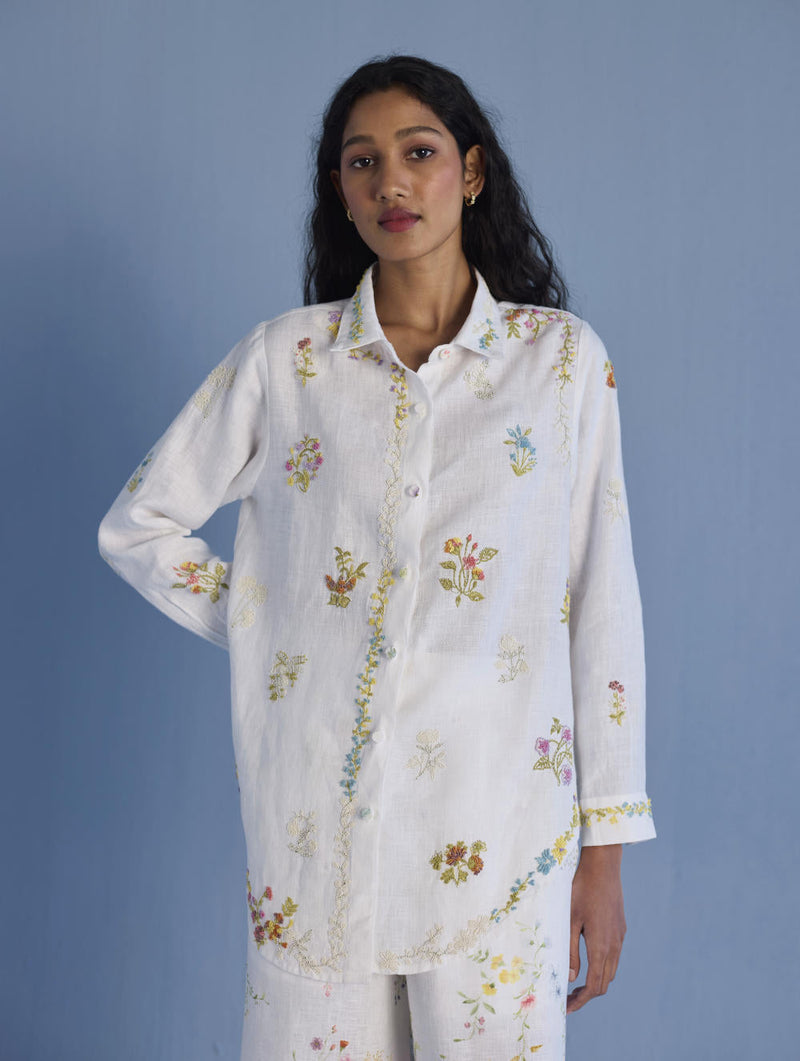 Alila Embroidered Oversized Co-ord Set - White linen by Manan in white color for women Worldwide