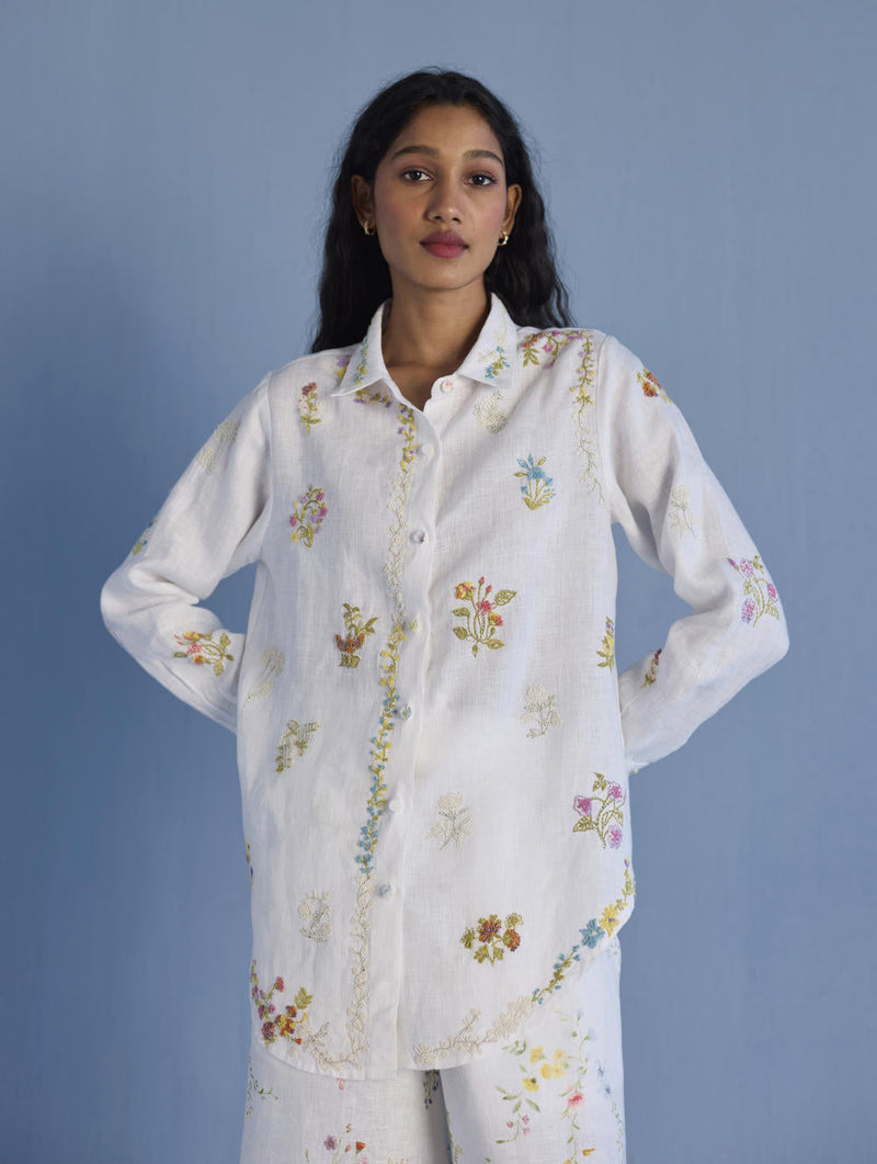 Alila Embroidered Oversized Co-ord Set - White linen by Manan in white color for women Worldwide