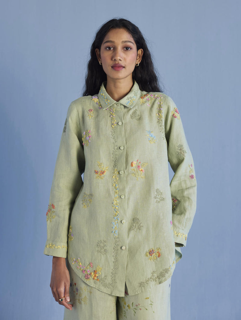 Alila Embroidered Oversized Co-ord Set - Mint linen by Manan in mint color for women Worldwide