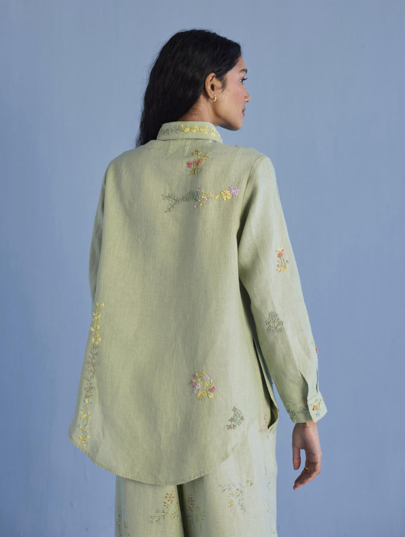Alila Hand-Embroidered Linen Shirt - Mint linen by Manan in mint color for women Worldwide