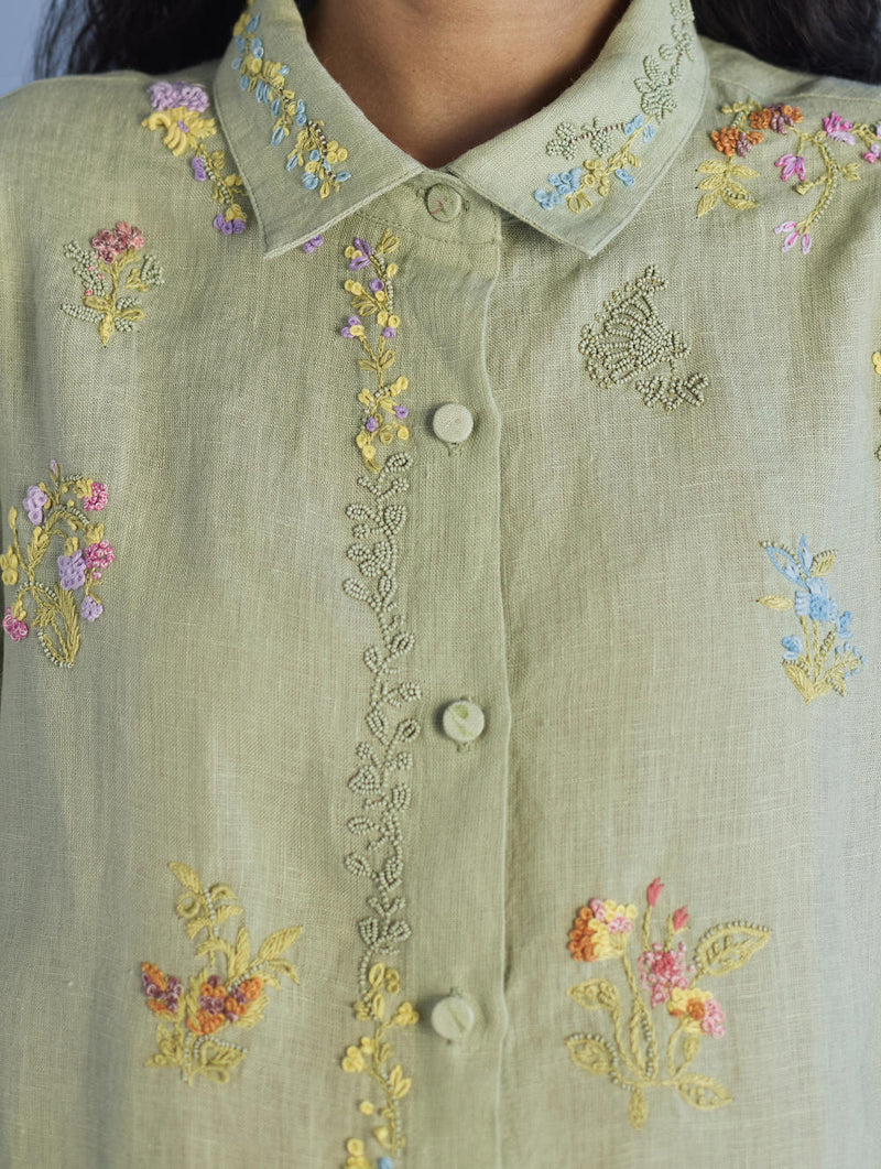 Alila Hand-Embroidered Linen Shirt - Mint linen by Manan in mint color for women Worldwide