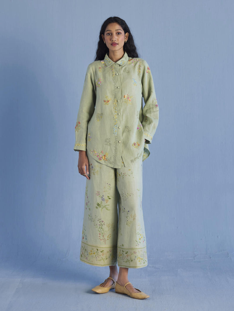 Alila Hand-Embroidered Linen Shirt - Mint linen by Manan in mint color for women Worldwide
