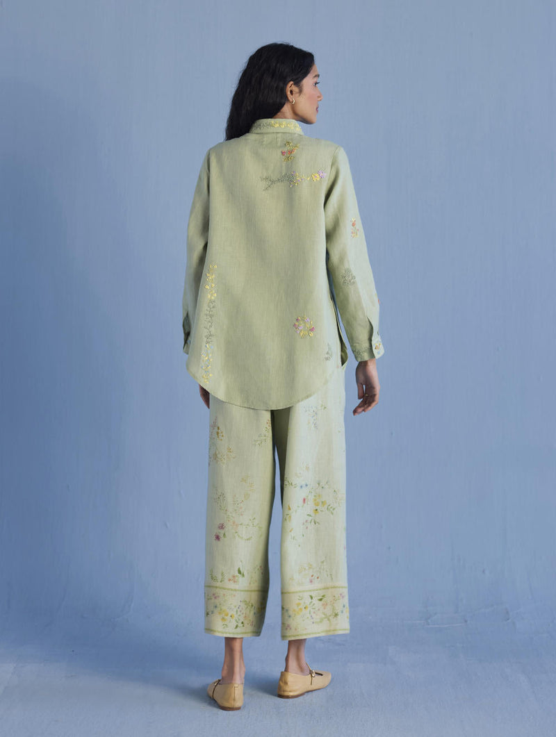 Alila Hand-Embroidered Linen Shirt - Mint linen by Manan in mint color for women Worldwide