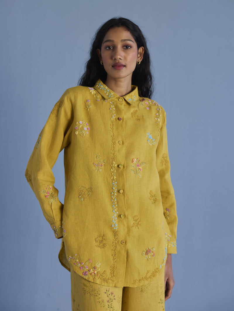 Alila Embroidered Oversized Co-ord Set - Ochre linen by Manan for women Worldwide