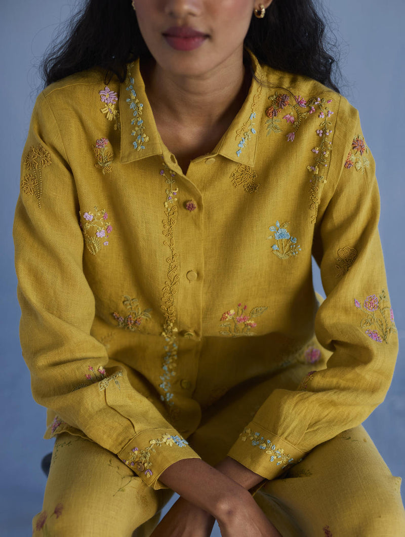 Alila Embroidered Oversized Co-ord Set - Ochre linen by Manan for women Worldwide