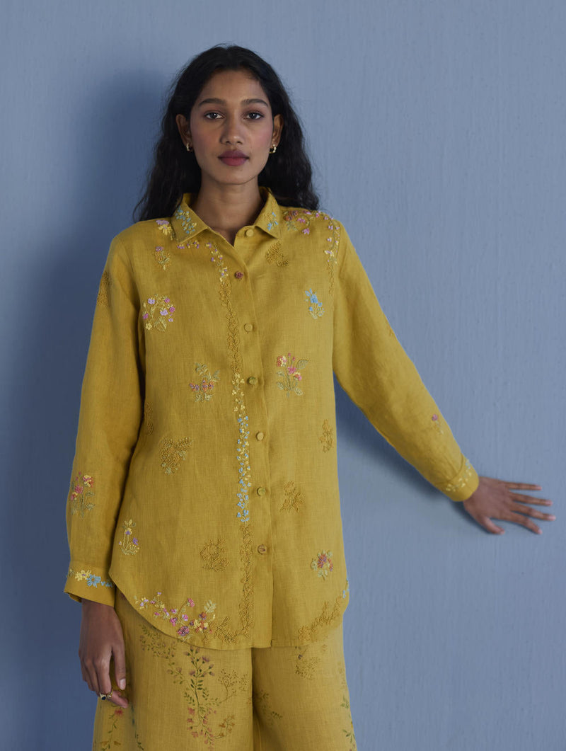 Alila Embroidered Oversized Co-ord Set - Ochre linen by Manan for women Worldwide