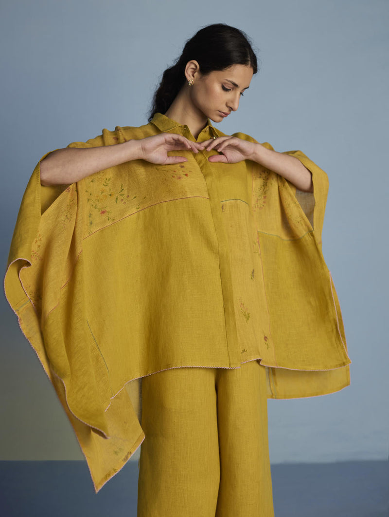 Osho Patchwork Kaftan Co-ord Set-Ochre linen by Manan for women Worldwide