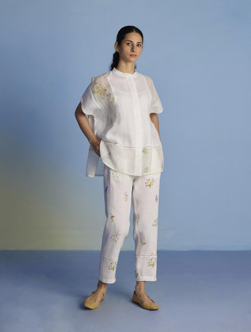 Aboli Patchwork Linen C-ord Set - White linen by Manan in white color for women Worldwide