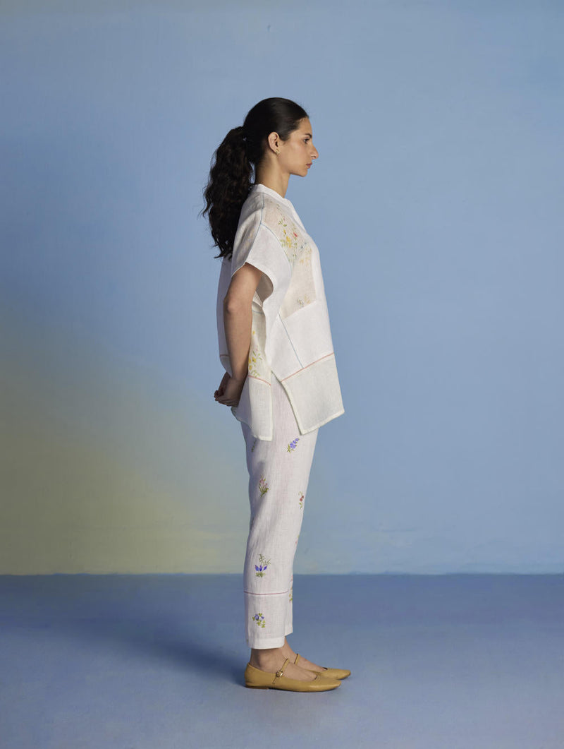 Aboli Patchwork Linen C-ord Set - White linen by Manan in white color for women Worldwide