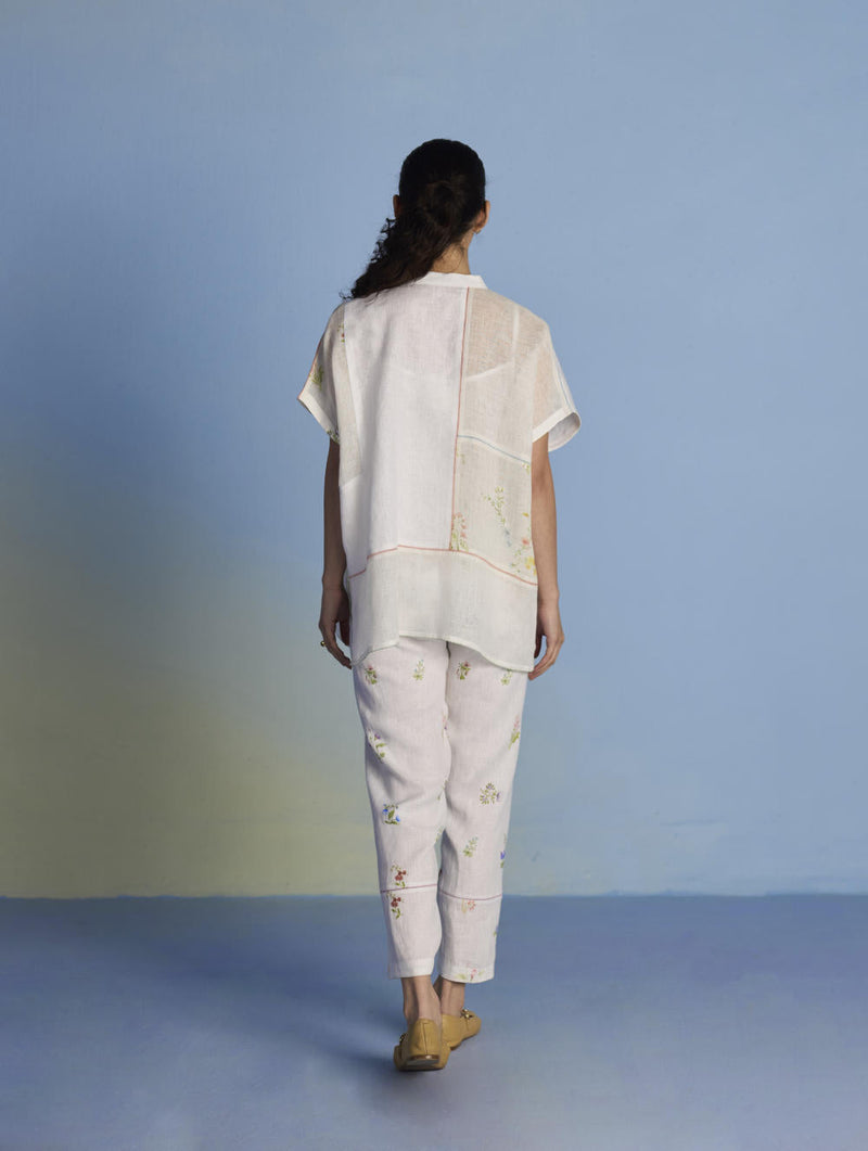 Aboli Patchwork Linen C-ord Set - White linen by Manan in white color for women Worldwide