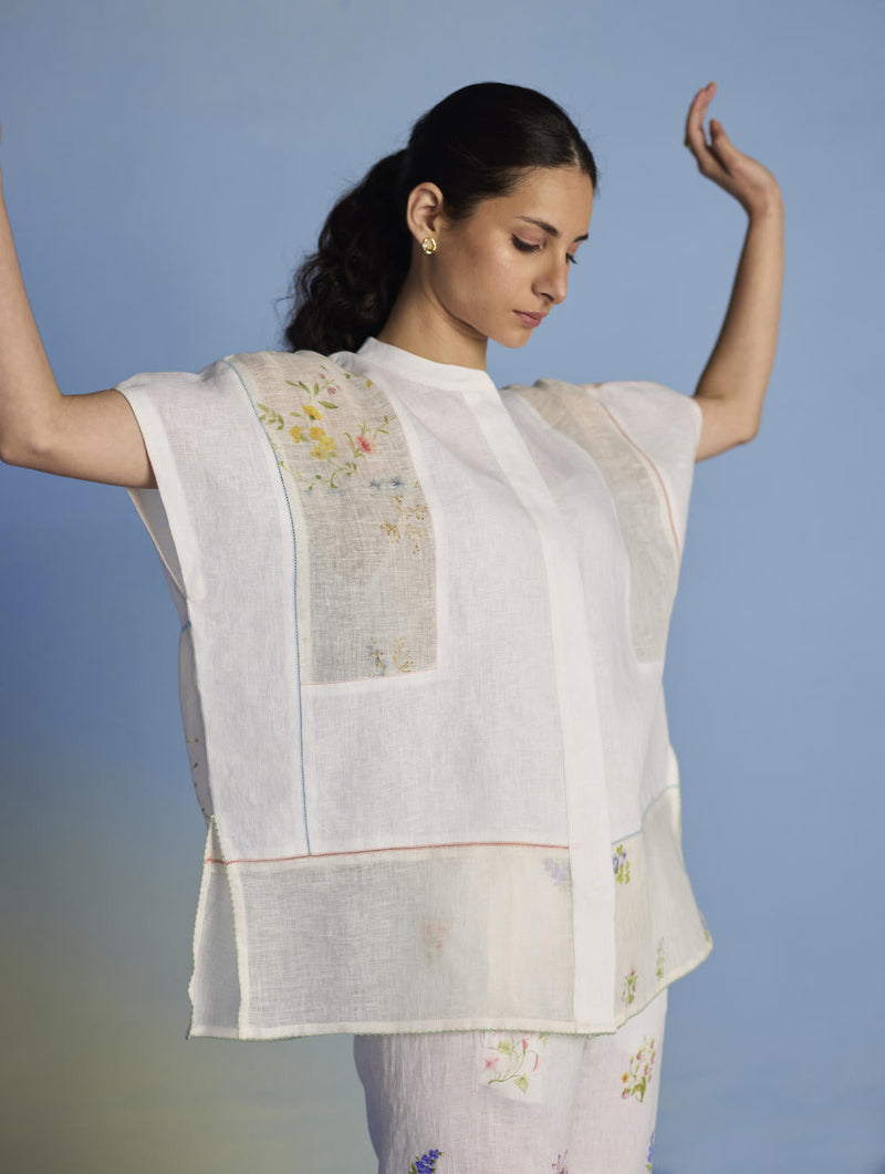Aboli Patchwork Linen C-ord Set - White linen by Manan in white color for women Worldwide