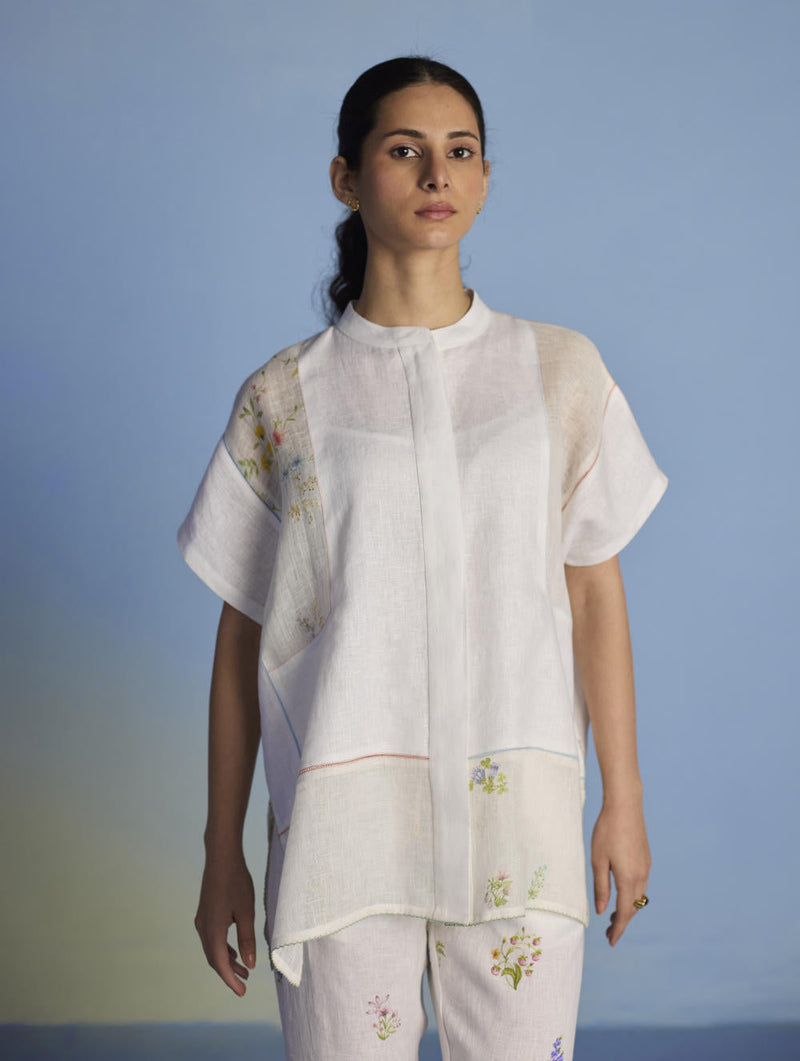 Aboli Patchwork Linen C-ord Set - White linen by Manan in white color for women Worldwide