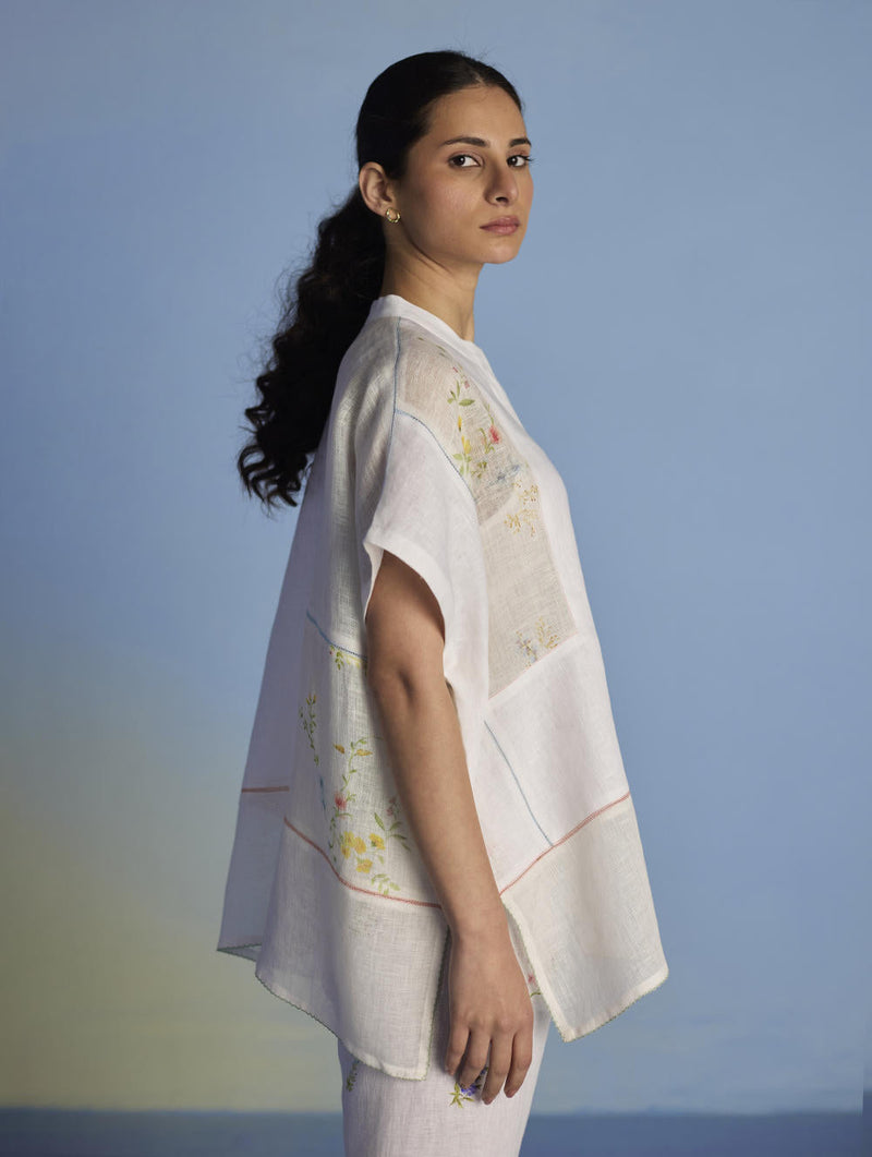 Aboli Patchwork Linen C-ord Set - White linen by Manan in white color for women Worldwide