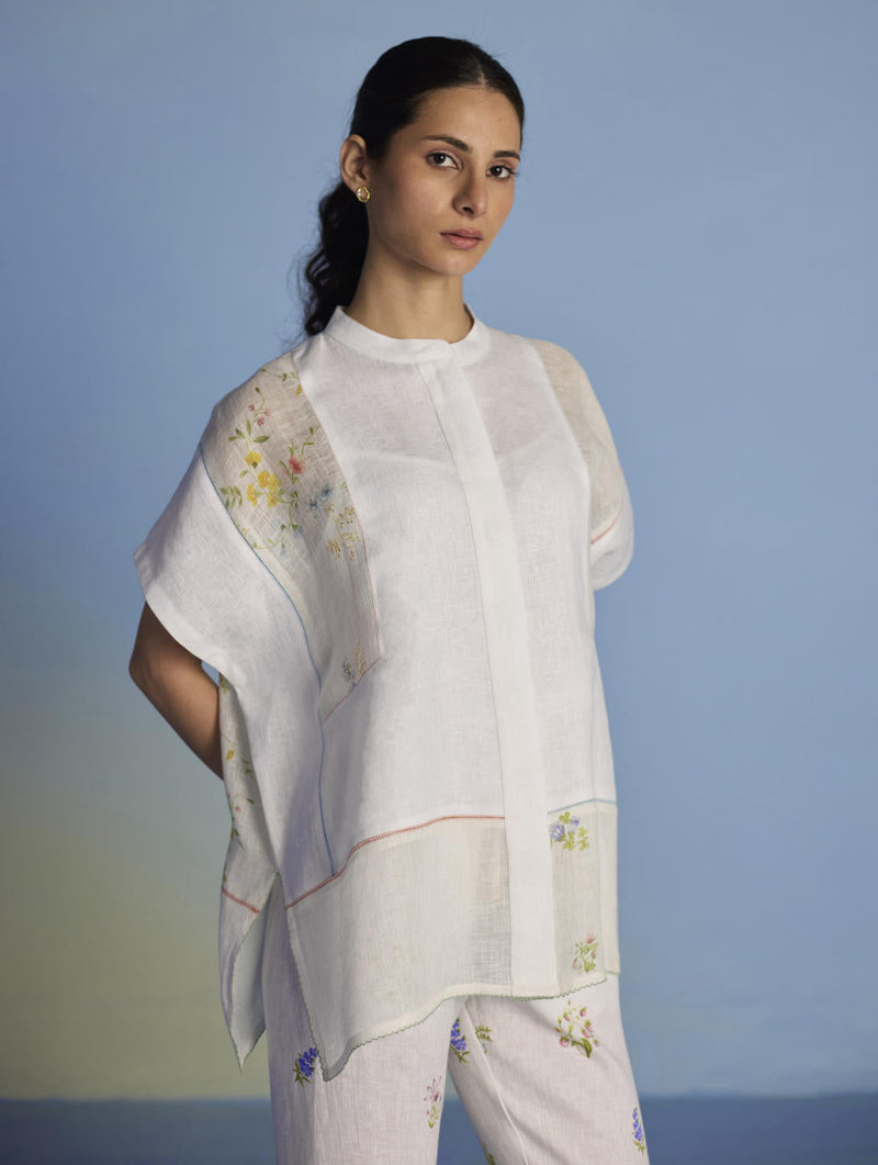Aboli Patchwork Linen C-ord Set - White linen by Manan in white color for women Worldwide